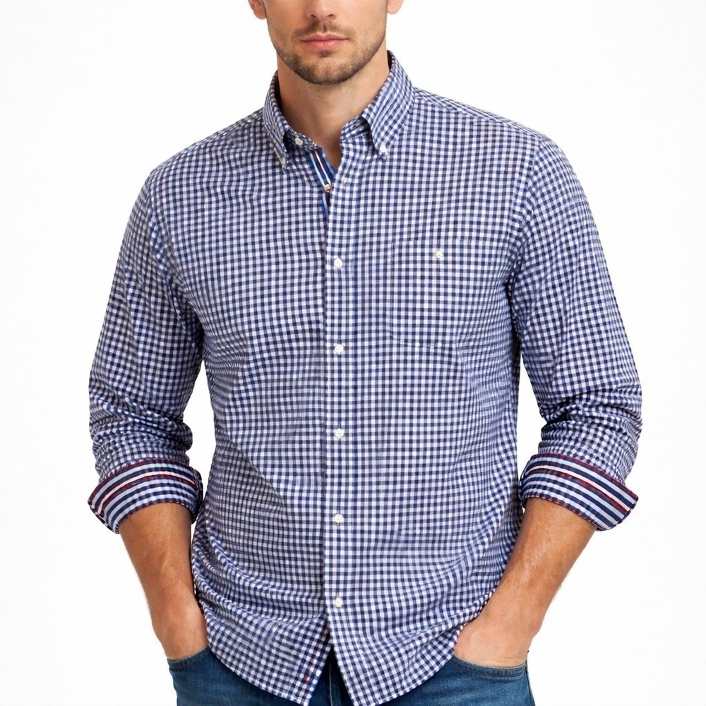 Tommy Hilfiger Button Down Shirt Mens XL Blue Gingham Plaid Striped Trim Cotton